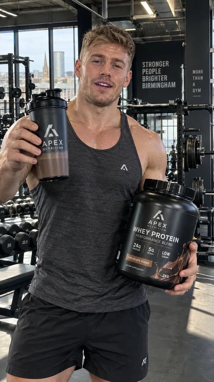 Fitness creator holding a protein shaker and tub in the gym