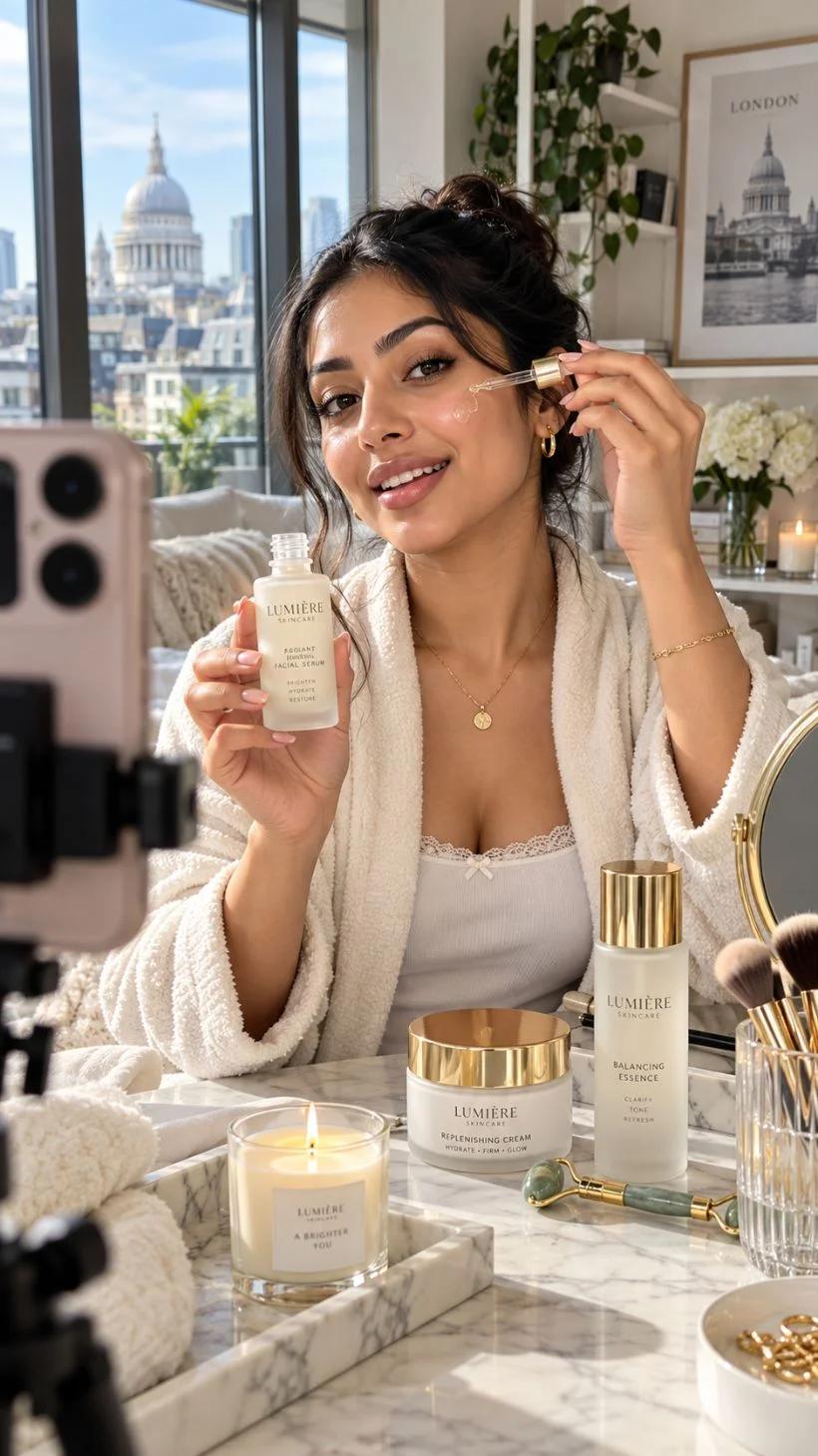 Skincare creator filming a serum tutorial in a London apartment