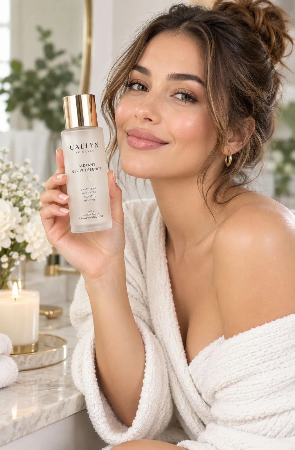Beauty creator holding a Caelyn Radiant Glow Essence bottle