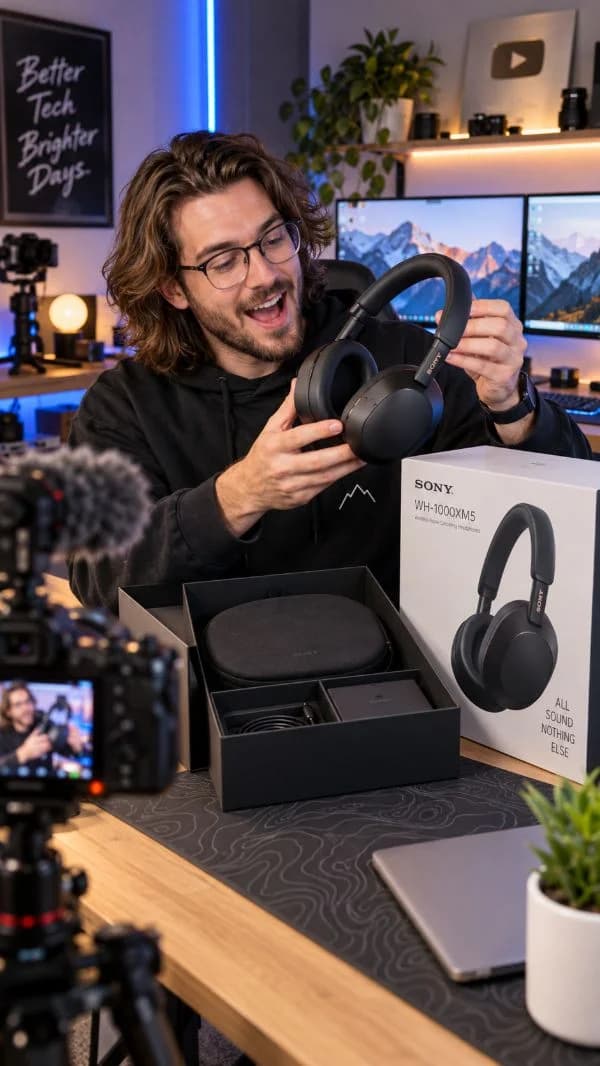 Tech creator unboxing wireless headphones on camera