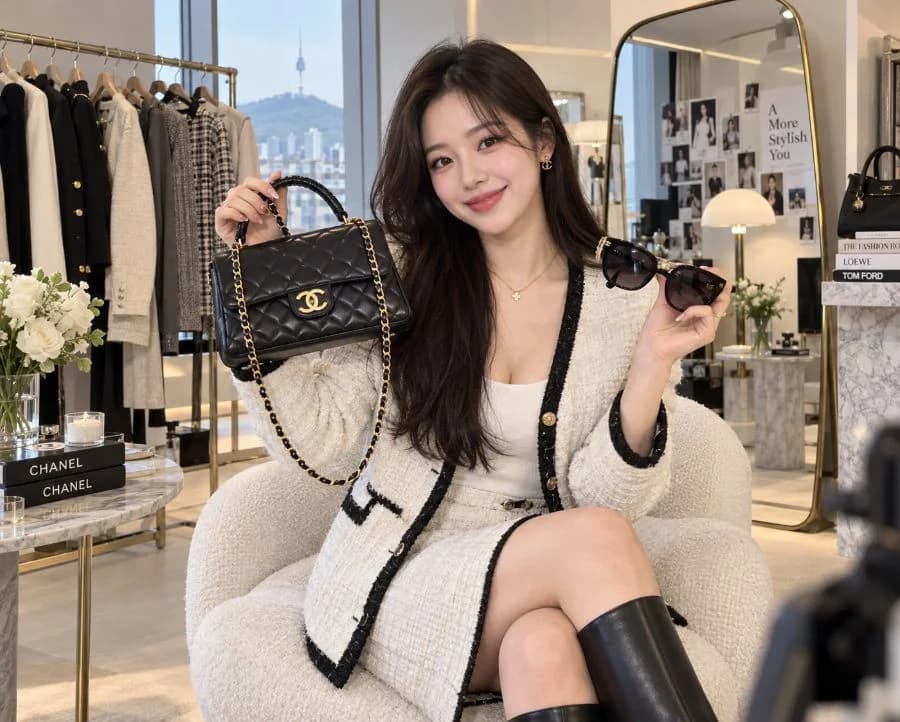 Fashion creator showcasing a handbag and sunglasses