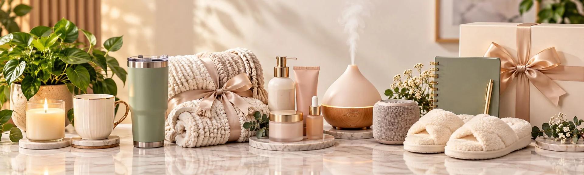 Self-care gift collection with candle, blanket, skincare, diffuser and slippers