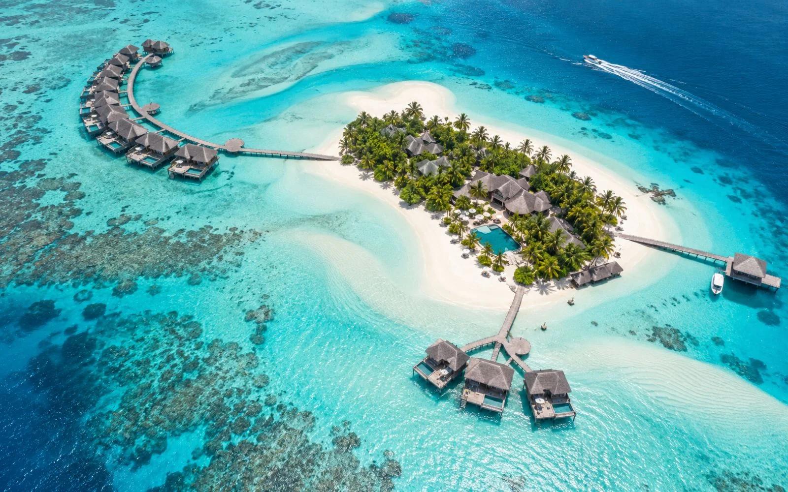 Aerial view of a Maldives island resort
