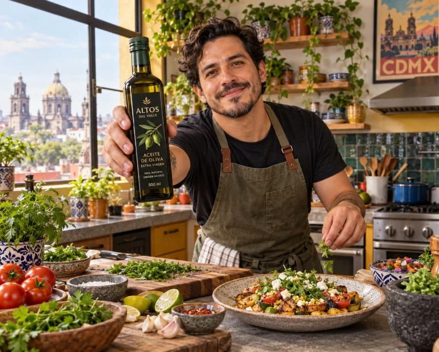 Food creator presenting olive oil in his kitchen