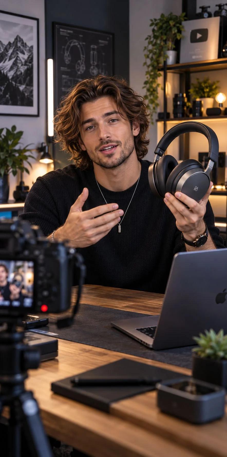 Tech creator reviewing over-ear headphones on camera