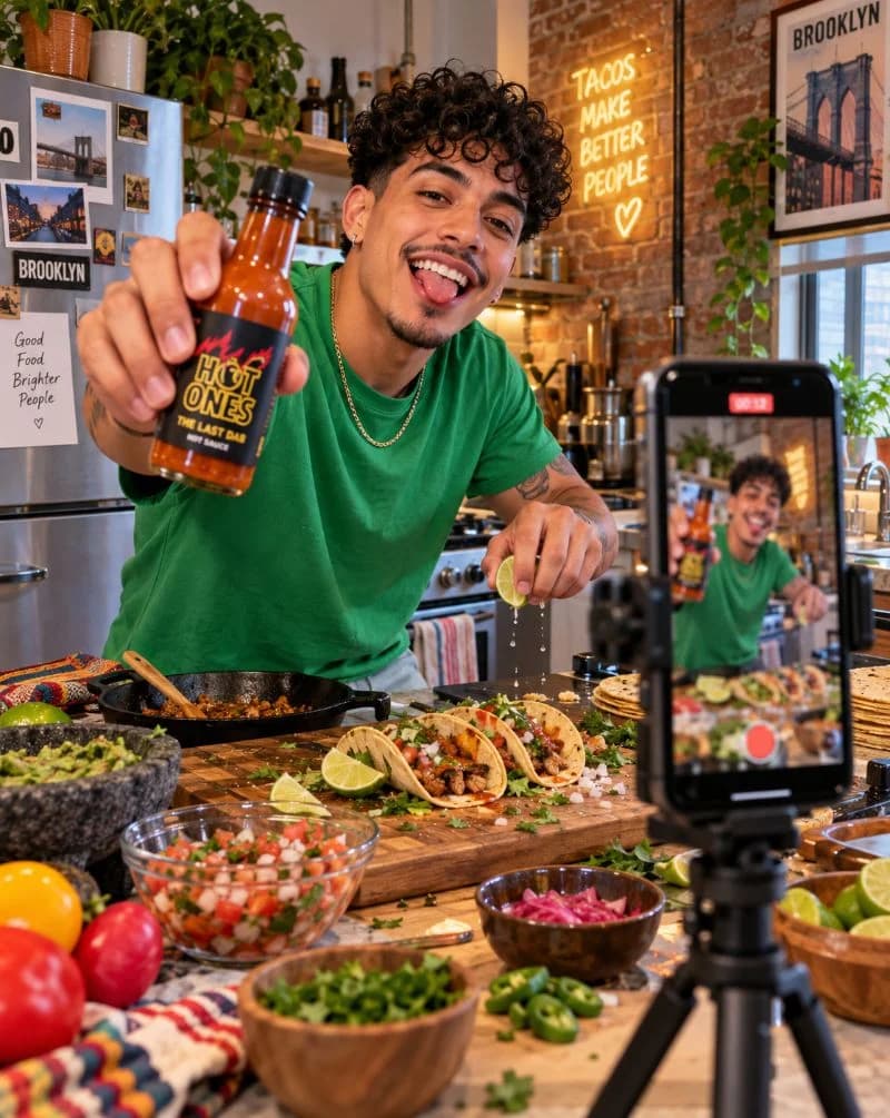 Food creator filming a taco recipe with hot sauce on his phone