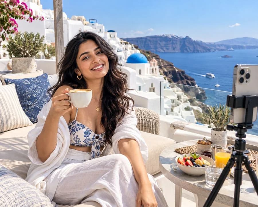 Travel creator filming a terrace breakfast in Santorini