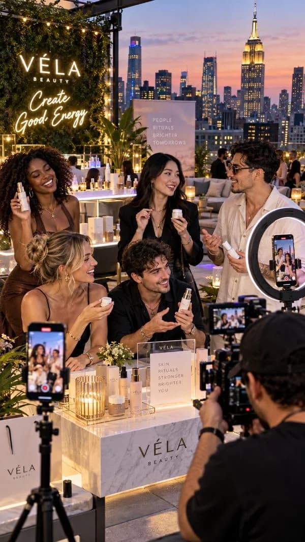 Creators filming content at a rooftop beauty brand event