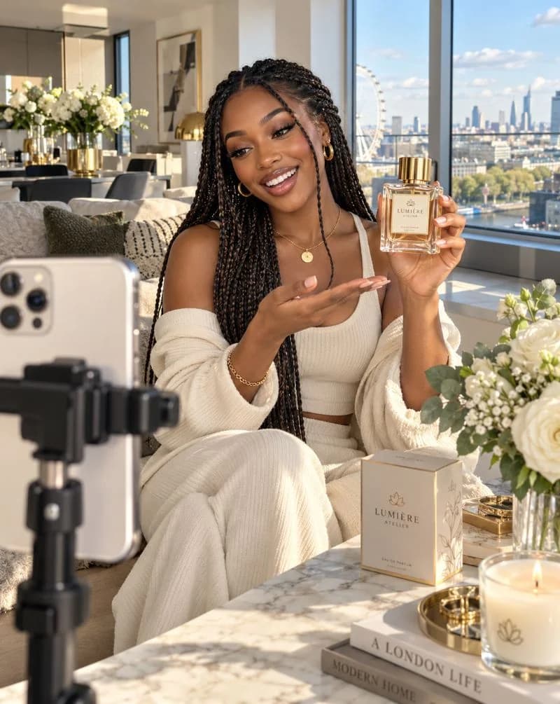 Lifestyle creator presenting a perfume to camera in a London apartment