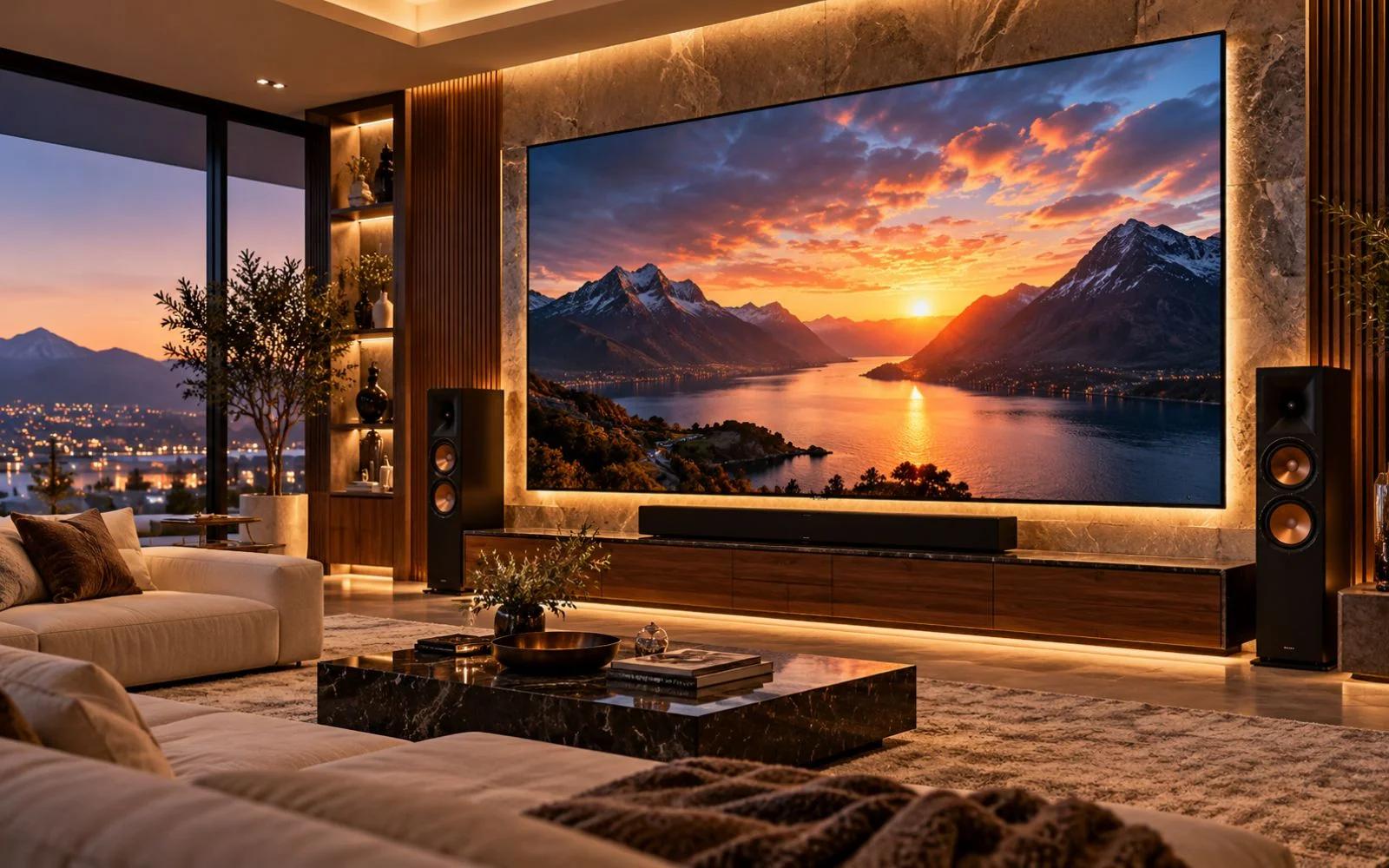 Home cinema with a large screen, speakers and lounge seating
