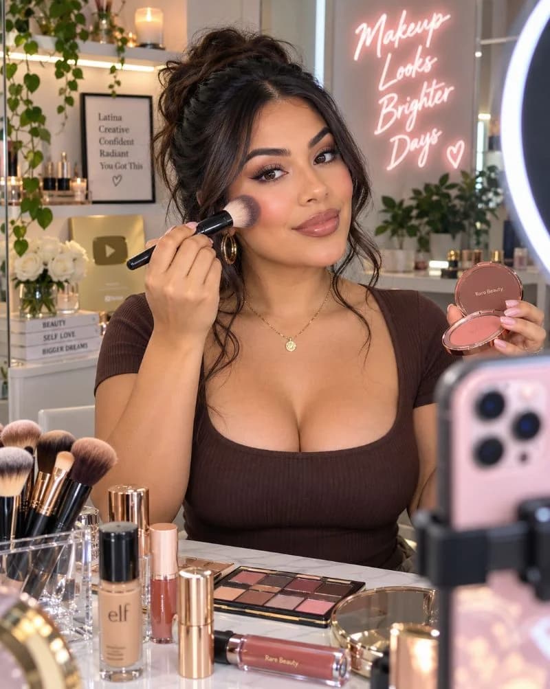 Beauty creator filming a makeup tutorial at her vanity