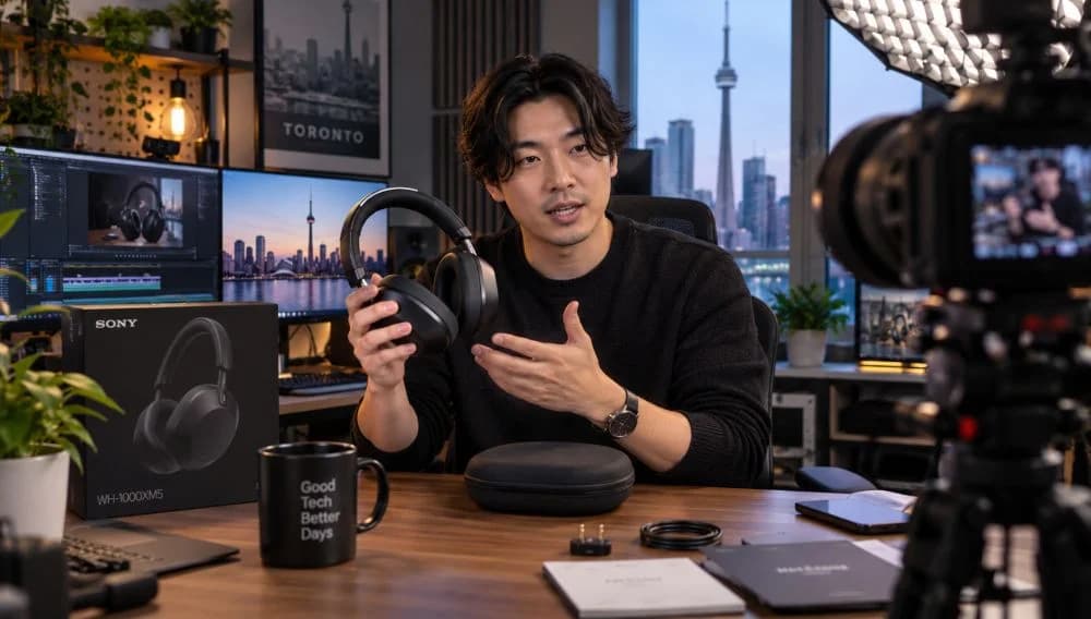 Tech creator reviewing wireless headphones in a home studio