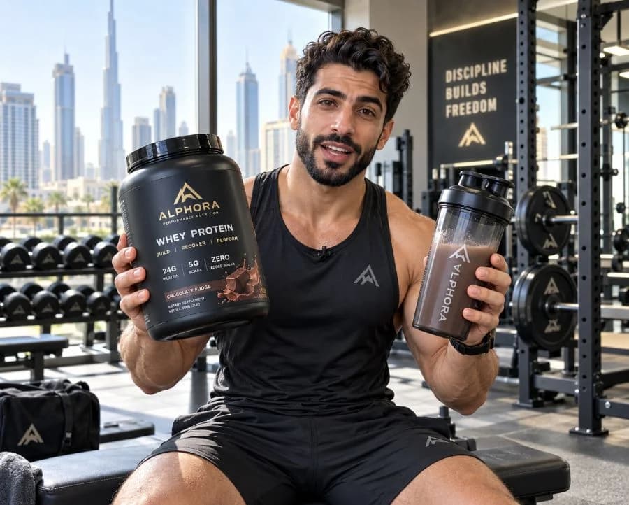 Fitness creator presenting whey protein in the gym