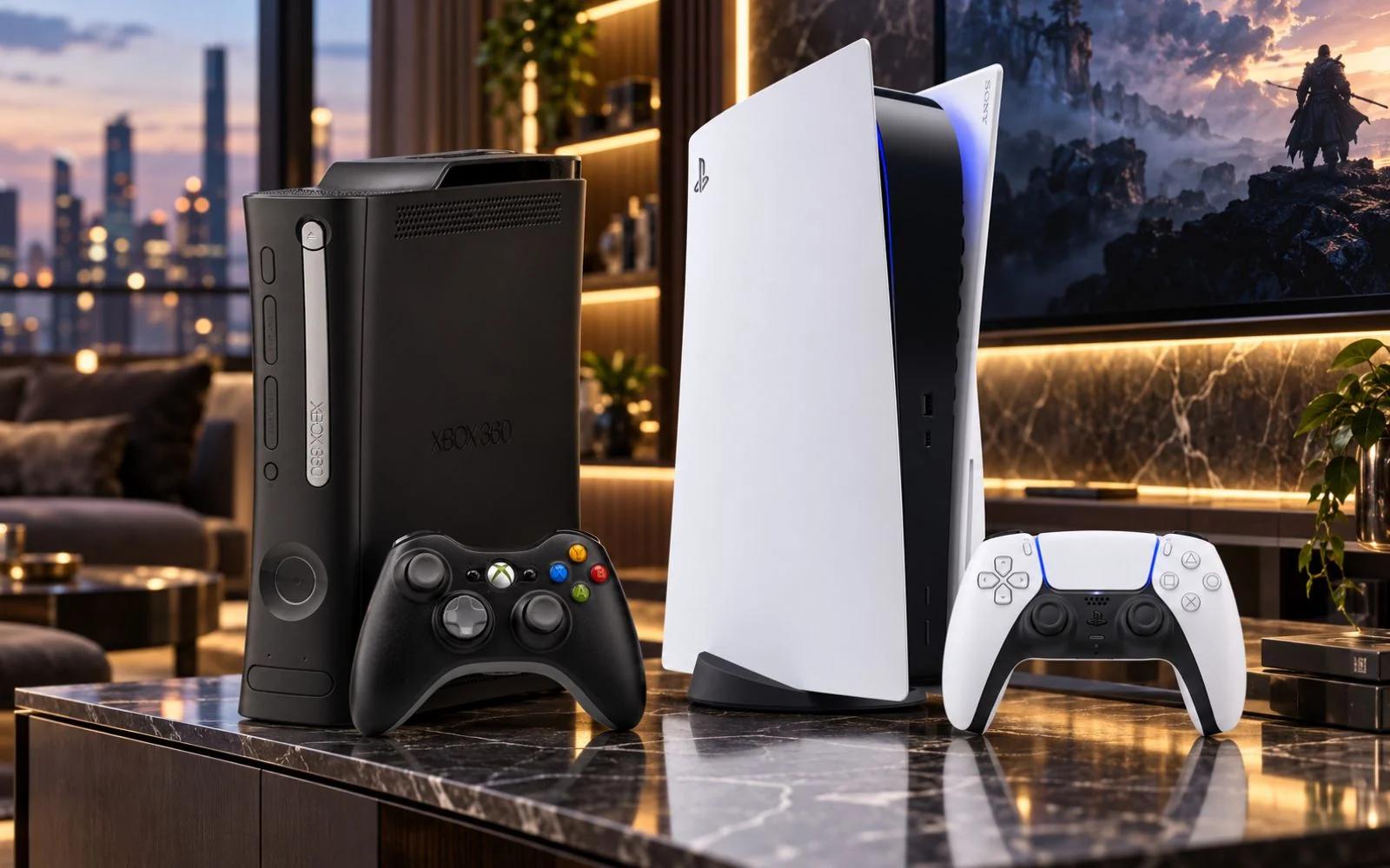 Games consoles and controllers in a modern lounge