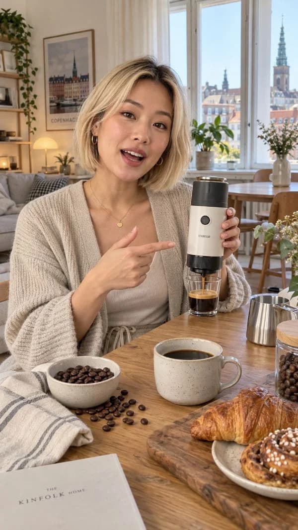 Lifestyle creator demonstrating a portable espresso maker