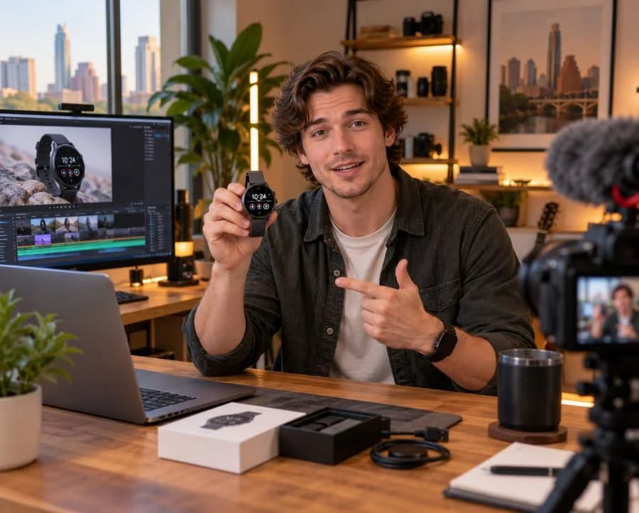Tech creator reviewing a smartwatch on camera