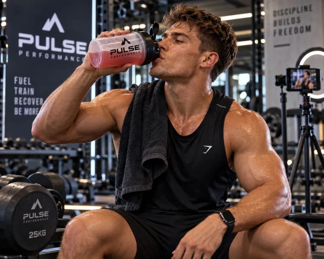 Fitness creator drinking from a Pulse Performance shaker in the gym