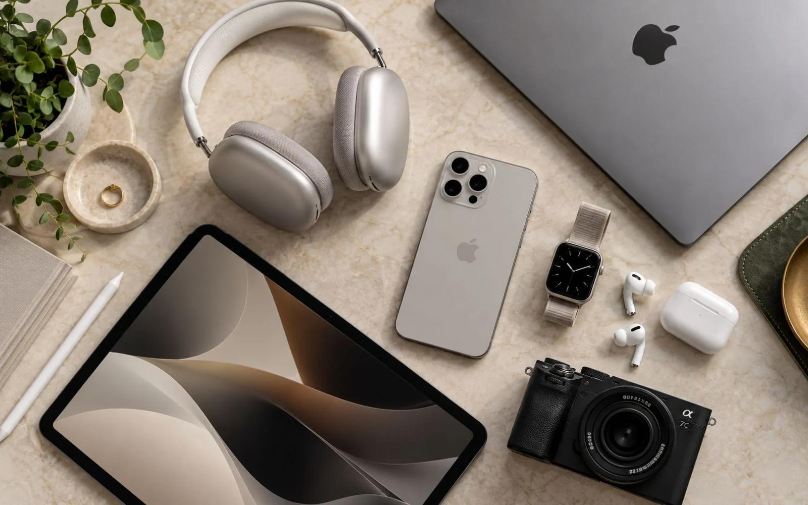 Flat lay of headphones, phone, tablet, watch, earbuds and camera