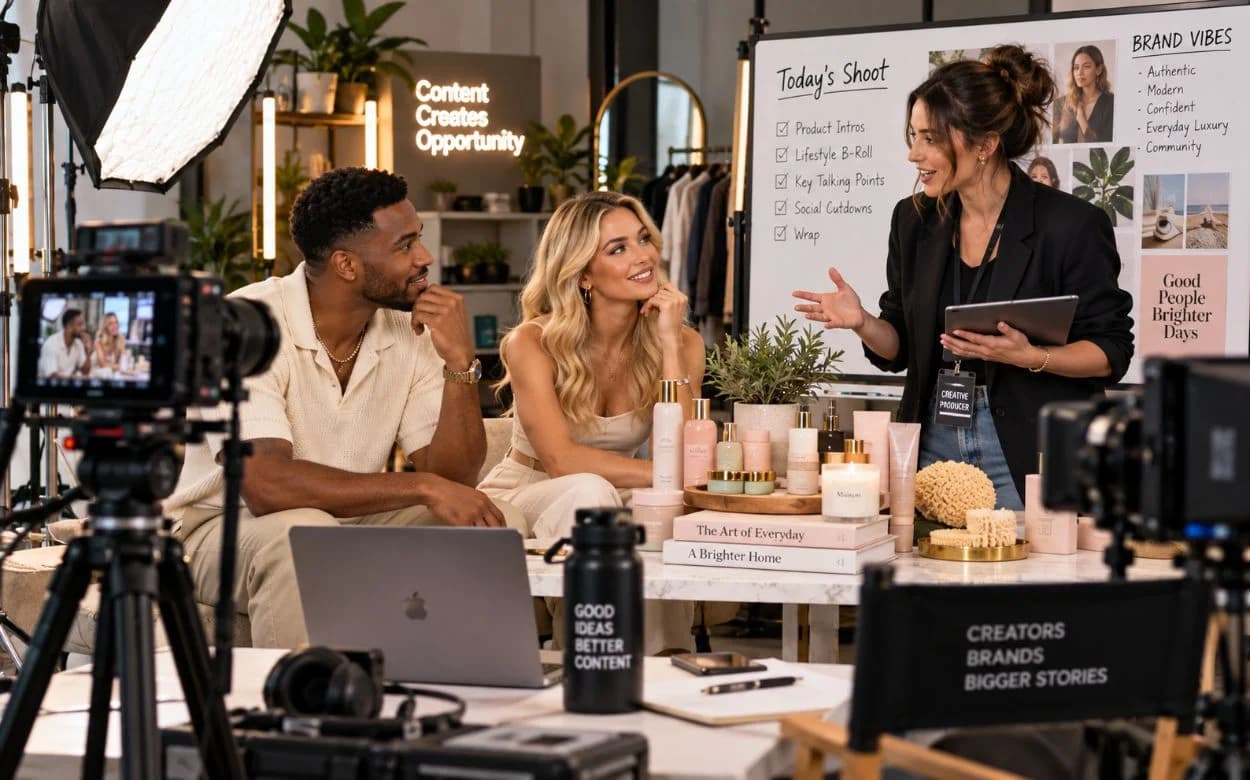 Creative producer briefing two creators on set with skincare products