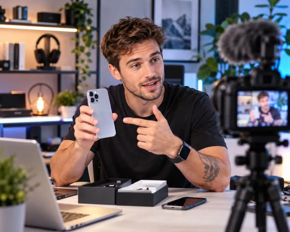 Tech creator filming a hands-on smartphone review