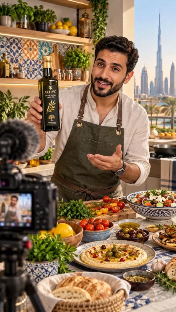 Food creator presenting olive oil in a cooking video