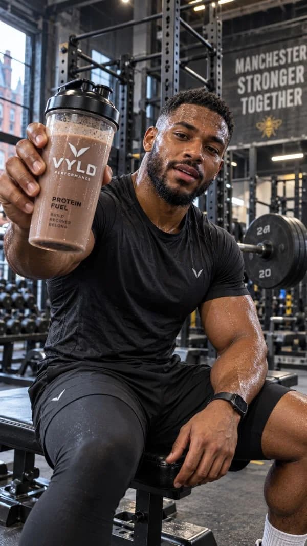 Fitness creator showing a protein shaker in the gym